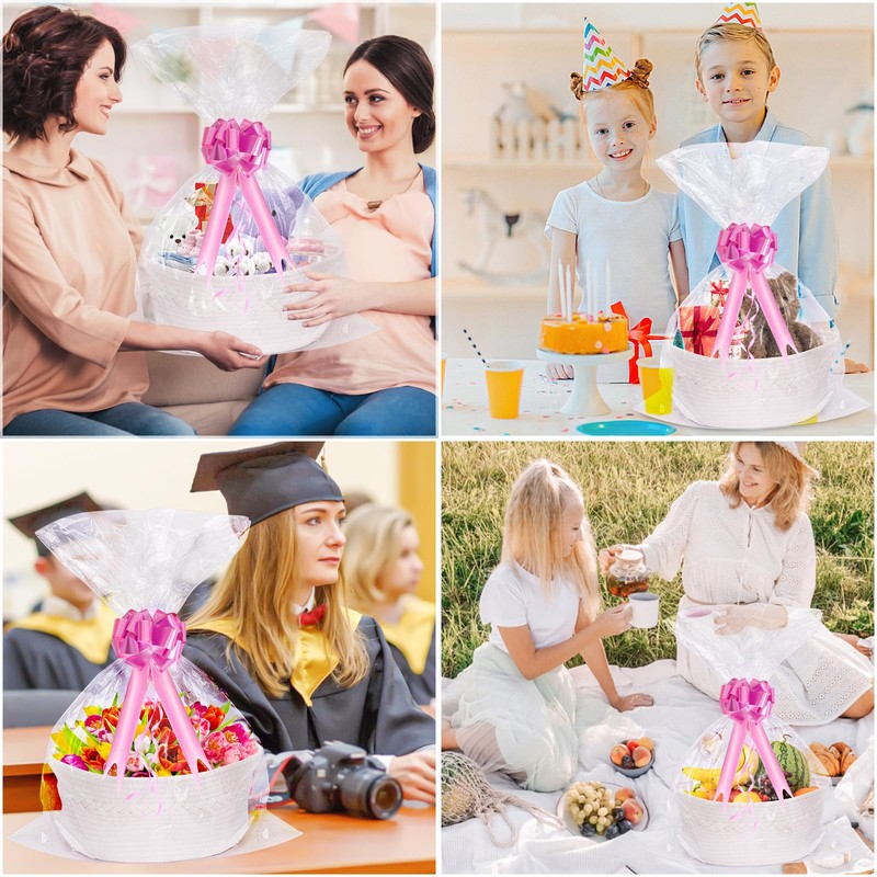 SelfTek Gift Basket Hamper Kit, Rope Basket with Cellophane Bags,