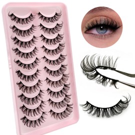 Royaomis D Curl Cat Eye lashes Wispy Russian Strip Lashes that Look Like Extensions 8D False Eyelashes Natural Look Pack 10 Pairs (RM-37)