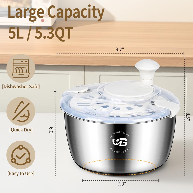 5.3 Qt Stainless Steel Salad Spinner, BOMANSI BOMS Large Salad