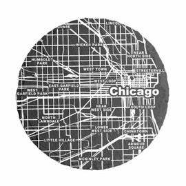 Blue Ridge Mountain Gifts - Slate Coasters with Chicago IL Map, Set of 4 - Drink Coasters for Illinois Fans to Protect Your Home Bar, White UV Printed Chicago Design on Natural Stone Coaster
