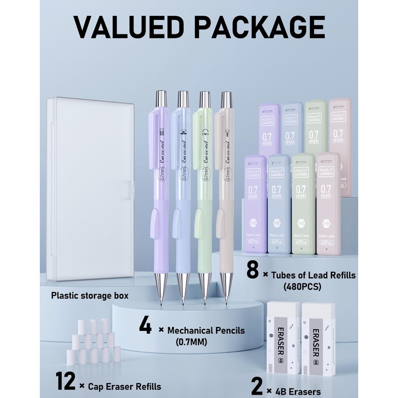 Four Candies Cute Mechanical Pencil Set with Case, 4PCS 0.7mm