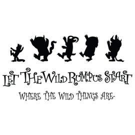 Let The Wild Rumpus Start with a Bunch of Characters from the Movie Where The Wild Things Are Black and White Art with Quotation for Living Room Vinyl Wall Decal - Max and Artwork Creative Design for Bedroom Wall Decoration - 20" x 12"