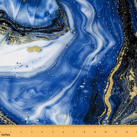 Blue Gold Marble Fabric by The Yard - Glitter Texture for Upholstery, Chairs, Sofa - Watercolor Ombre Decorative, Tie Dye Waterproof, Gradient DIY for Teens - 1 Yard