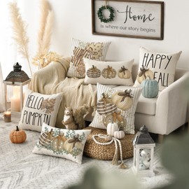 Artoid Mode Striped Maple Leaves Hello Pumpkins Autumn Cushion Covers Set of 4 50 x 50 cm Decorative Cushion Cover Couch Living Room Decoration