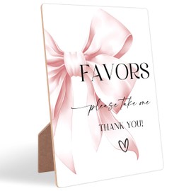 Favors Please Take One Sign, Pink Bow Wood Gift Table Sign with Stand, Centerpieces for Wedding Reception, Engagement Party Decorations, Wedding Stuff for Reception, Newlyweds Gifts for Couples,5