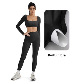 SUUKSESS Women 2 Piece Workout Sets Compression Tummy Control Leggings with Pockets Long Sleeve Square Neck Padded Crop Tops Sports Bra Scrunch Booty Lifting Yoga Pants (Black, S)