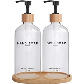 Clear Glass Hand and Dish Soap Dispenser Set by Brighter Barns - Kitchen Soap Dispenser Set with Bamboo Tray - Modern Soap Dispenser for Kitchen Sink - Modern Kitchen Decor, Minimalist Decor (Clear)