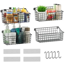Sonyabecca 4 Pack Hanging Wall Basket for Organizing, Large Wire Basket for Storage Pantry with 5 S Hook+4 Adhesive Hook, Wall Mounted Shelf for Kitchen Bathroom