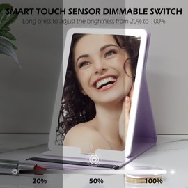 WangSelect - Espejo de tabel con luz, LED plegable para maquillaje de viaje con espejo de aumento magnético portátil de 10 veces, 3 ajustes de luz, espejo de cambiador de viaje ultrafino, compacto, regulable, color morado