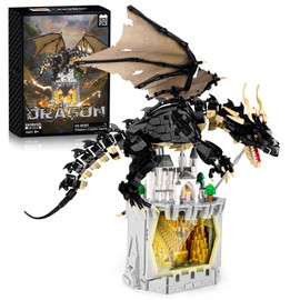 Funeed Dragon & Treasure Building Blocks Set - 2328 PCS Black Dragon and Medieval Castle Model Building Kits with LED Lights, Fantasy Dragon Gift for Adults and Teen