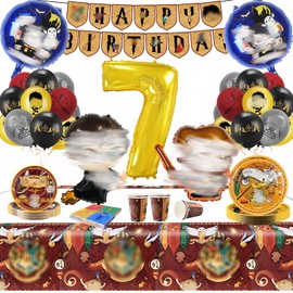 Pack of 77 Birthday Party Decoration, Wizard Party Decoration, Wizard Balloons, Tablecloths, Plates, Napkins, Cups, Pennant Theme, Birthday Decoration for Boys and Girls (Black - 7 Years)