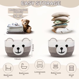 Zopeal Bear Basket 13" D x 9.5" H for Nursery Cotton Rope Basket Hamper for baby shower Nursery Cute Storage Basket with Handles Decorative Woven Basket for Laundry Bathroom Home