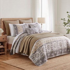 Levtex Home - Lirelle Quilt Set - King Quilt and Two King Shams - Bordered Floral - Grey Tan White and Charcoal - Quilt (106x92in.) and Shams (20x36in.) - Reversible - Cotton