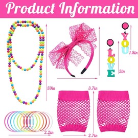 DOKLY 16Pcs Fancy Dress Accessories for Women, 80s Costumes Outfits with Rainbow Earrings Necklace Fishnet Gloves Headband
