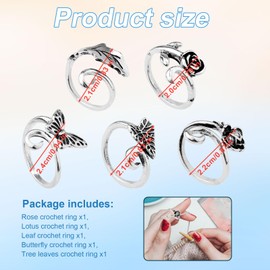 Pack of 5 Crochet Rings Crochet Finger Ring with Rose Lotus Leaves and Butterfly Motif with Storage Box Crochet Tension Ring Crochet Guide Ring Hand Knitting Tools