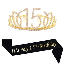 15th Gold Birthday Tiara and Sash Glitter Satin Sash and Crystal Rhinestone Tiara Crown for Happy 15th Birthday Party Supplies Favors Decorations 15th Birthday Party Accessories