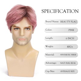 YOUGRACE Short Pink Wig for Men Handsome Male Wig Daily Costume Synthetic Full Wigs Natural Pink Hair Replacement Wig