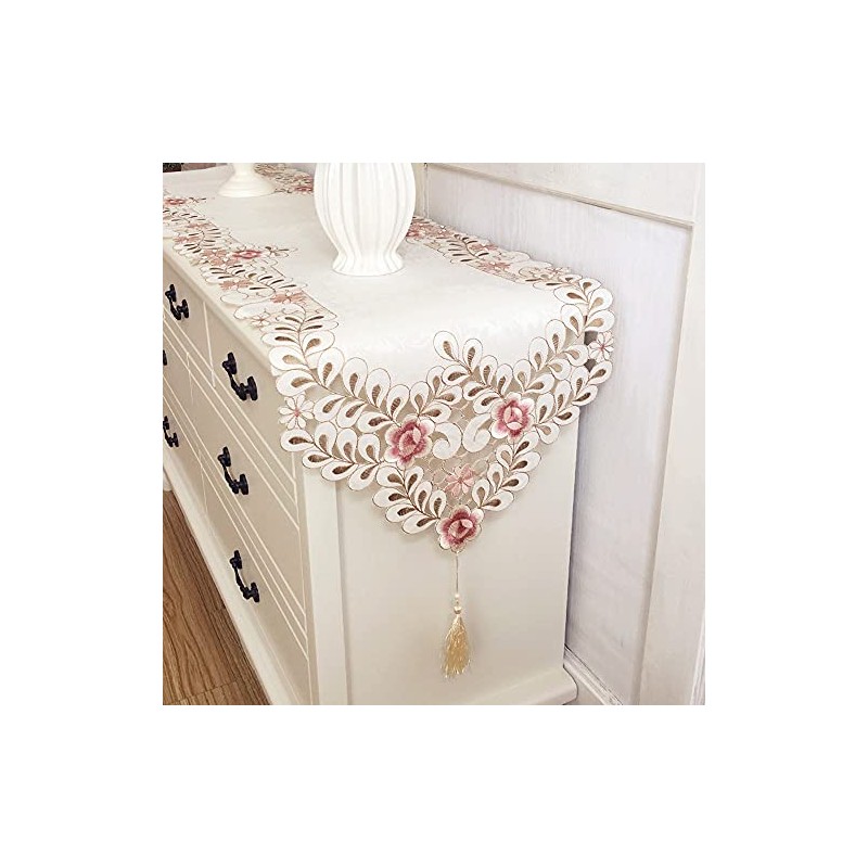 Classic Flowers Dining Table Runner Embroidery Tassel Floral Lace Table