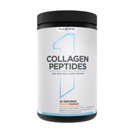 Rule 1 Collagen Peptides Powder - Hydrolyzed Bovine Collagen, Hyaluronic Acid, and Vitamin C. Supports Hair, Skin, Nails, Joints, and Other Connective Tissues (20 Servings, Peach Mango)
