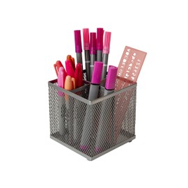 OSCO Silver Wiremesh Square Pen Pot | 4 Sections | Pencil Holder | Desk Tidy | Office Organiser | Makeup Storage | Cosmetics Display | H10.5 x W10 x D10 cm |