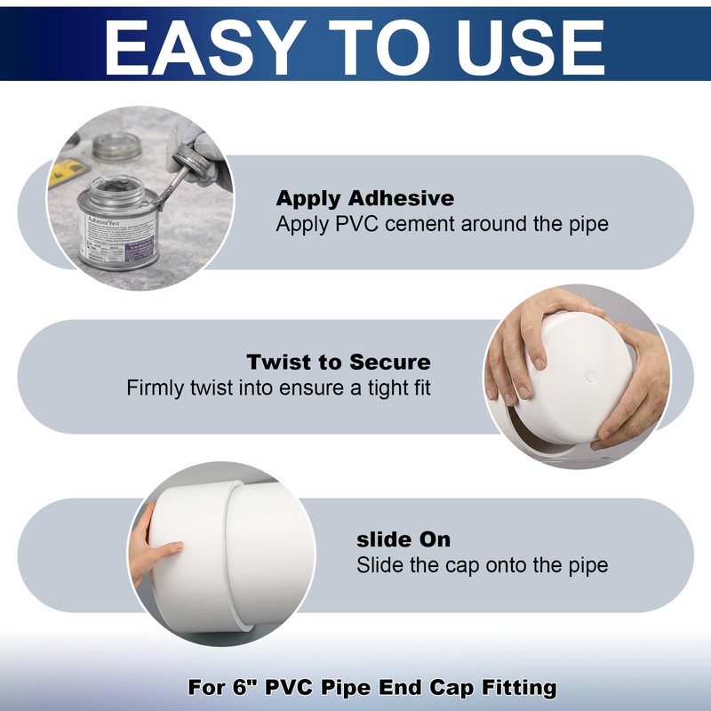 8 Pcs 6 Inch PVC End Cap Round, Schedule 40