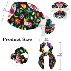 Sugar Skull Dia de Muertos Adjustable Women Working Cap with Bow Hair Scrunchy, Bouffant Hat with Buttons