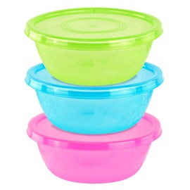 DecorRack Serving Bowl with Lid, Extra Large Bowl for Salad, Snacks, Dough Kneading, Durable Big Plastic Mixing Bowl with Tight Lid, Vibrant Party Decor, Assorted (3 Containers)