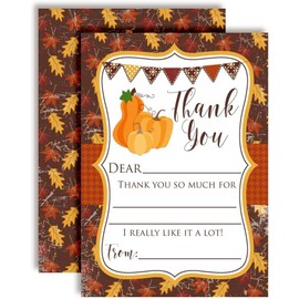 Rustic Autumn Leaves and Pumpkins Fall Fun Birthday Party Thank You Notes for Kids, Ten 4" x 5.5" Fill In The Blank Cards with 10 White Envelopes by AmandaCreation