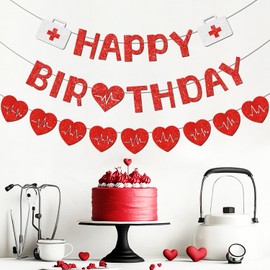 Nurses Theme Birthday Party Banner, Red Glitter Happy Birthday Banner and Heart Garland Nurses Week Birthday Party Decoration for Nurses Day Doctor Week Birthday Party Supplies