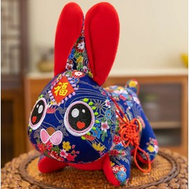 Xshelley New Year Flower Cloth Home Decoration, Stuffed Animal, Rabbit Toy, Rabbit Doll, Pendant, Creative Chinese Rabbit for Children (7.8 inches Tall Cherry Blossom Blue)