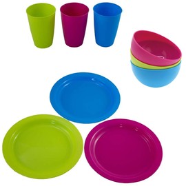 Plastic Camping Tableware - Reusable - Plastic Plates Plastic Cups Reusable (12 x Plates + 12 x Cups + 12 x Bowls)
