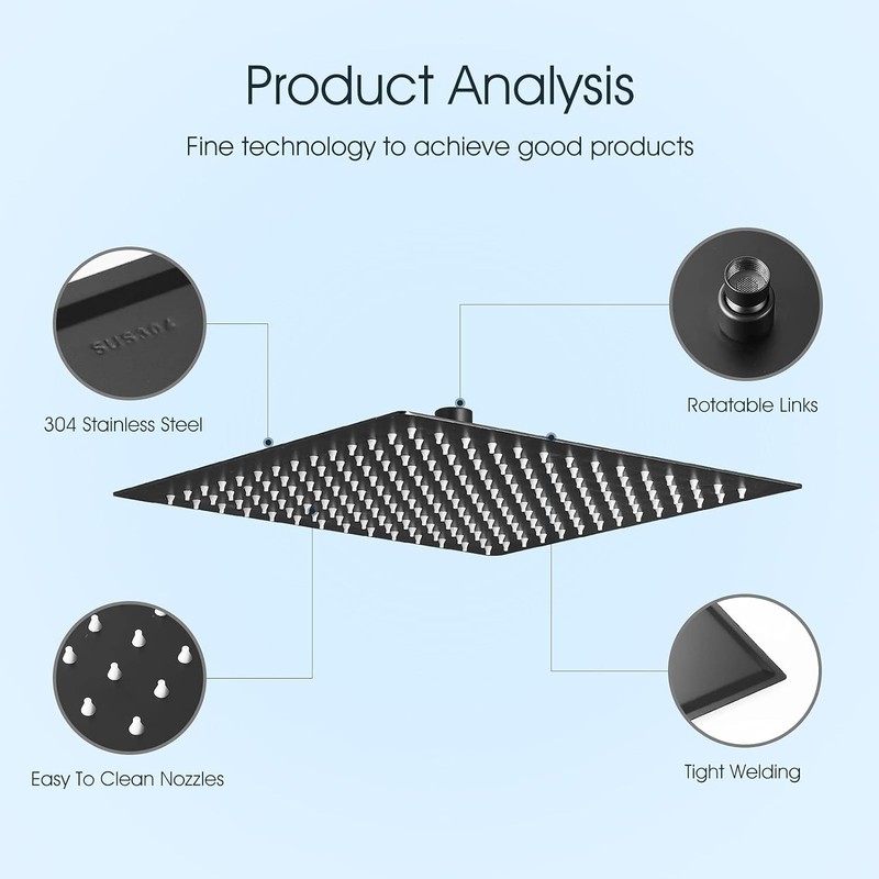 BWE Rain Shower Head High Pressure Black 16 Inch Square