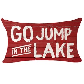 QINU KEONU Set of 4 Summer Wooden Style Vacation Farmhouse Relax Lake House Go Jump in The Lake Lumbar Cotton Linen Throw Pillow Case Cushion Cover Outdoor Gift Home Sofa Decorative 12 X 20 Inch (G1)