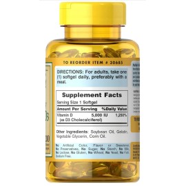 Puritan’s Pride Mega-Potencia Vitamina D3 5000 UI 125mcg 200 Cápsulas Blandas