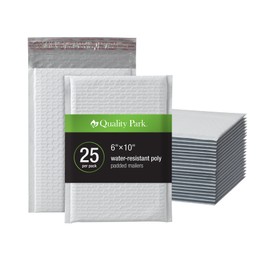 Quality Park Quality Park Bubble Mailers, 6 x 9 Shipping Envelopes, Water Resistant White Poly Padded Mailers, Redi-Strip Peel Off Closure, 25 Per Box (1002347)