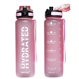 NAVTUE Water Bottle, 32oz Sports Water Bottles with Time Marker Wide Mouth, Motivational and Leakproof Drink Bottle, BPA Free Tritan with Carry Strap for Gym Fitness Outdoor (1 Bottle)