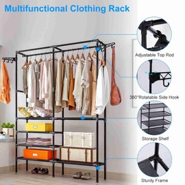 TeqHome 42'' Portable Clothes Rack, Iron Frame, Black, 350lb Capacity, Easy Assembly, 6 Shelves, Hooks on Both Sides