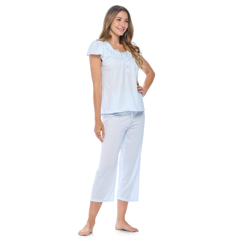 Casual Noches de la mujer Lace Cap Sleeve Capri Pajama