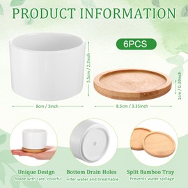 Cindeer 6 Pack White Succulent Plant Pots Bulk - 3" Ceramic Flower Pot with Bamboo Tray & Drainage Holes, Small Cactus Planters for Plant Lover, Home Office Table Decor (Plants Not Included)