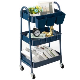danpinera 3-Tier Rolling Cart, Metal Rolling Storage Cart with Lockable Wheels & Hanging Cups & Hooks, Mobile Trolley Cart for Kitchen, Bathroom, Office, Workshop, Dark Blue