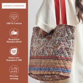 Maison d' Hermine Shopping Bags Cotton Quilted Tote Bag with Zipper Pockets & Small Pouch Reusable Shoulder Grocery Bag for Gifts Beach Travel Lunch Perfect for Men Women (Jaipur)