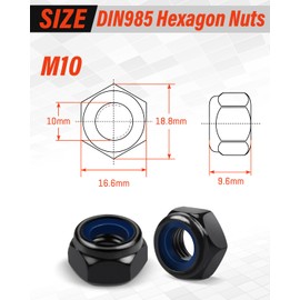 10Pcs M10 Nuts, Jeboler 0.7 mm Self Locking Nuts Black Hex Nyloc Steel Lock Nut M10 with Nylon Inserts, Hexagon Nut for Washers Bolts & Screws