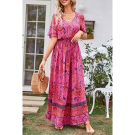 PRETTYGARDEN Women's Casual Summer Boho Floral Print Dress V Neck Short Sleeve High Waist Long Maxi Beach Dresses (Rose Red Floral,Large)
