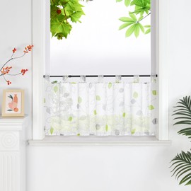 HeichkelL Voile Net Curtain, Bistro Curtain with Leaves, Transparent, Short Curtains, Window Curtain with Loops, Country House Curtain, Green, H x W 45 x 90 cm