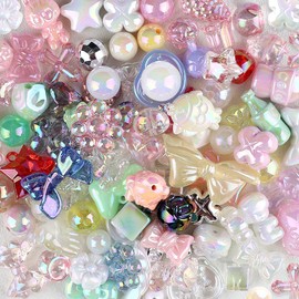 50g Acrylic Assorted Beads Random Mix Color Flower Heart SART Candy Beads Cute Beads for Jewelry Making Aesthetic Craft Beads for DIY Bracelets Necklaces Keychain Phone Chain Accessories(Mix-Color)