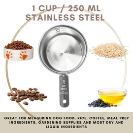 1 Cup Stainless Steel Measuring Cup | Sturdy Metal 250 ml | 240 cc | 8 oz | Single Cup for Wet and Dry Ingredients | Great for use as 1 Cup Dog Food Scoop - 4 PK