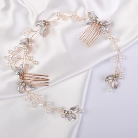 Bridal Leaf Headband With Comb - Crystal Rhinestone Headpiece for Bride, Bridesmaid, Flower Girl - Wedding, Prom, Birthday Party (Gold, One Size)