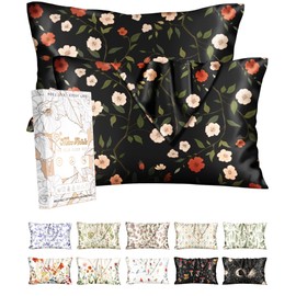 Miss Adola 2 Pack Mulberry Silk Pillowcase - Queen Size 20x30 Inch Pillow Case with Hidden Zipper for Women Lady Smooth Soft Breathable Cute Design Pillowcase for Hair and Skin, Black Flowers