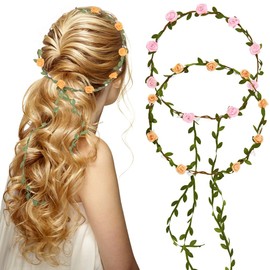 CRASPIRE Flowers Crown Floral Garland 2 Colors Orange Pink Head Headpiece Boho Rose Flower Wreath Headdress Travel Party Wedding Festivals for Bridal Women Headwear Hair Accessories Decoration