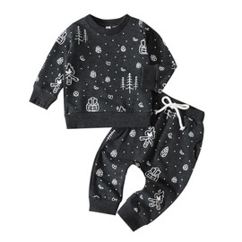 HEOXIN Infant Baby Boy Tracksuit Set, Jumper + Pants 2PCS Set, Newborn Bonfire and Leaf Print Top, Kids Jogger Trouser with Pockets, Drawstring Sweatpants Tracksuit Clothes for 2-3 Years, Black